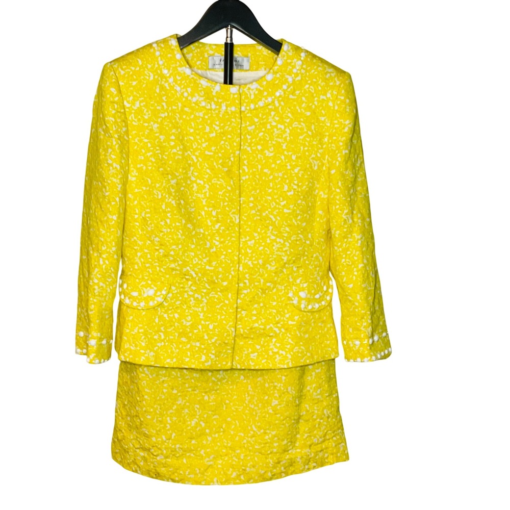 TAHARI ASL women's yellow white beaded floral suit skirt blazer vintage cotton 6